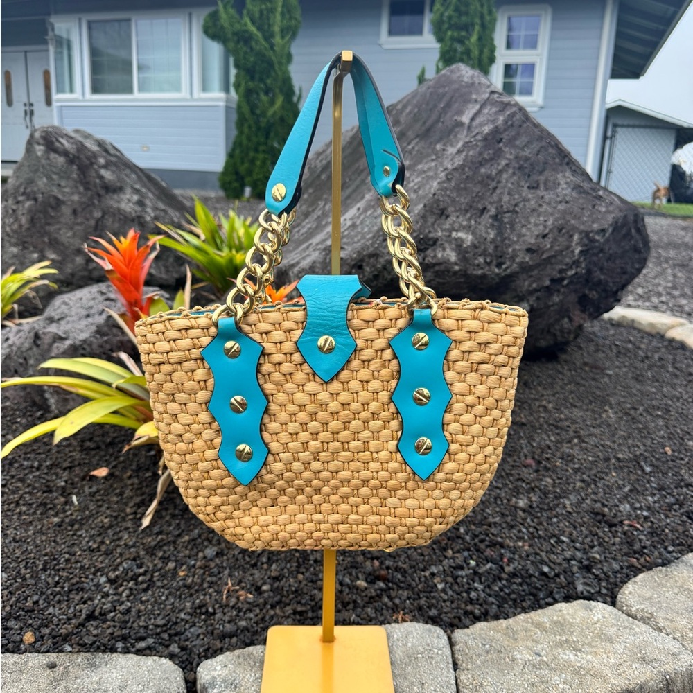 Michael Kors Straw Woven Tote Bag Turquoise Leather Gold Chain Small Summer Bag - Picture 3 of 14